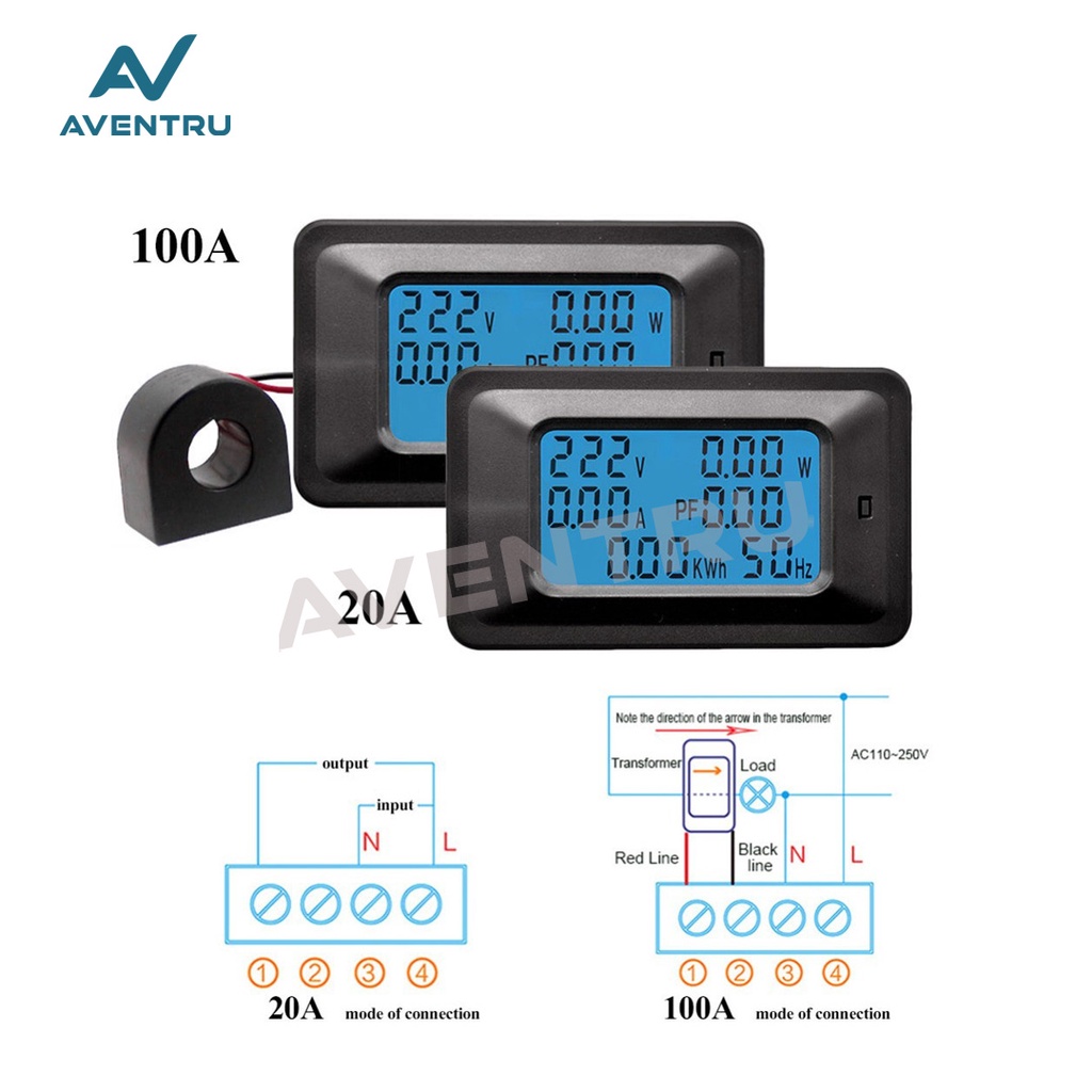 Watt KWH Meter Power Monitor Daya Digital 20A 100A Wattmeter 6 in 1 AC