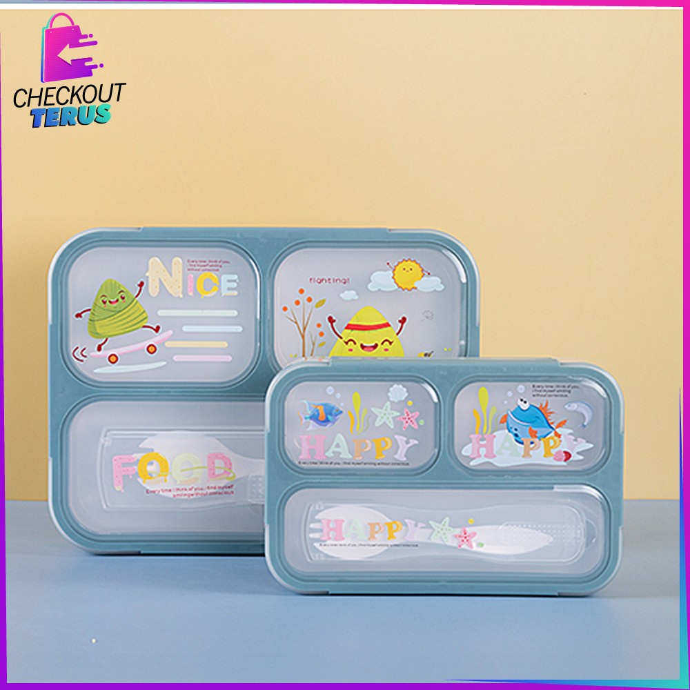 CT C448 C449 Tempat Makan Anak Set 3 Sekat Karakter Dengan Sendok Kotak Bekal Anak Motif Lucu Lunch Box BPA FREE