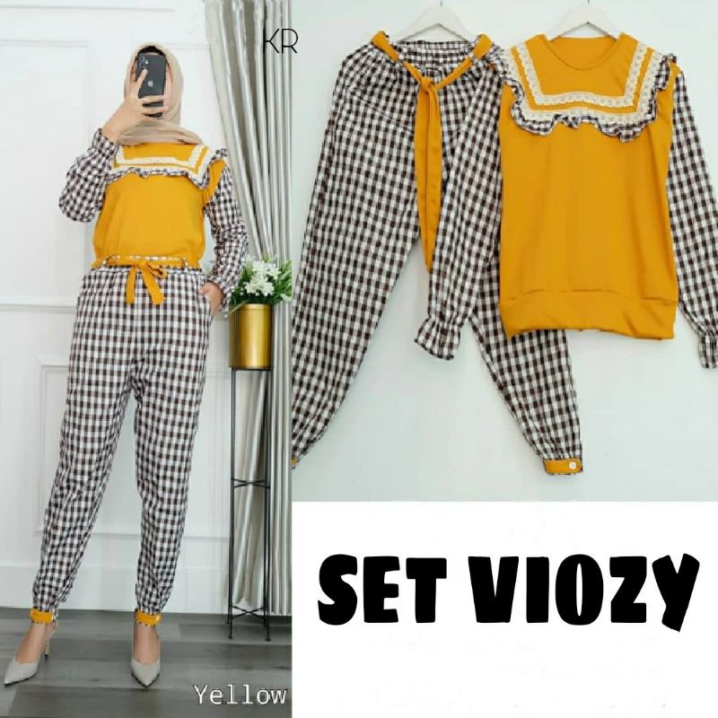 SET CELANA FASHION VIOZY KOTAK KID ANAK / DEWASA,  BABYTERRY KATUN, SETELAN, 2 UKURAN