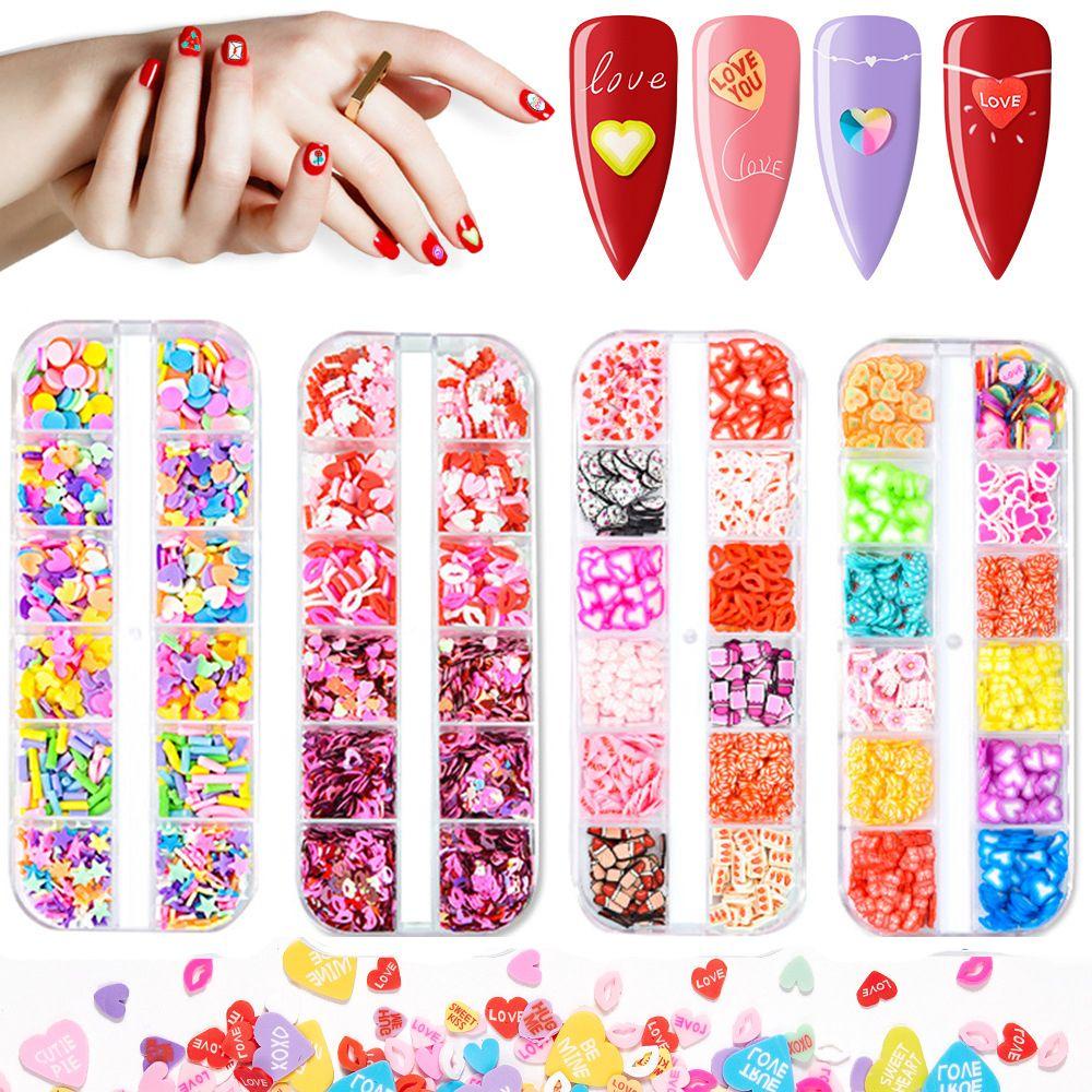 Stiker Nail Art 12 Pola 3D Bentuk Hati Warna-Warni Untuk Hari Valentine