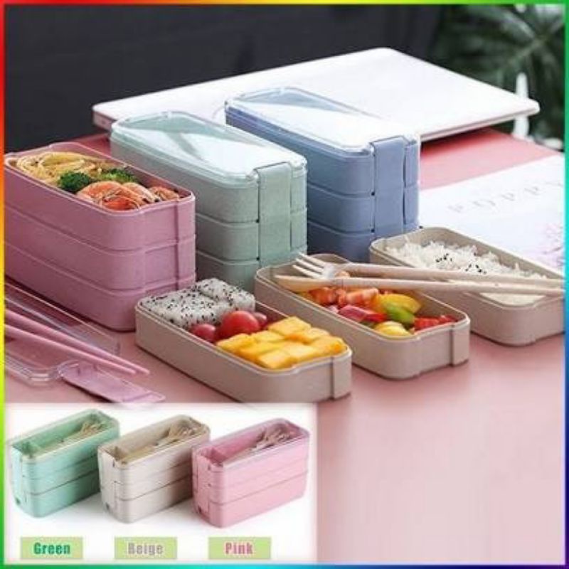 Tempat Makan Lunch Box Free Sendok Kotak Makan 3 Susun Sendok Set Kotak Bento