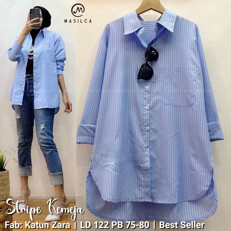 (COD) Stripe Kemeja Katun Zara Original Buat Cewek Tampil Cantik dan Keren Berkualitas Murah by Masi