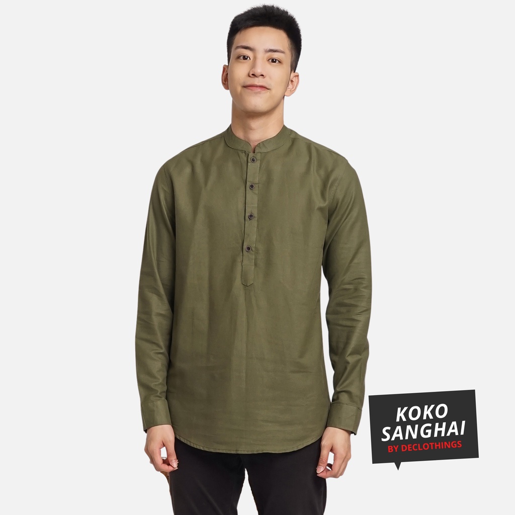 Baju Koko Pria Lengan Panjang Dewasa Kemeja Taqwa Busana Muslim Kokoh Hijau Army Polos Bahan Katun Premium