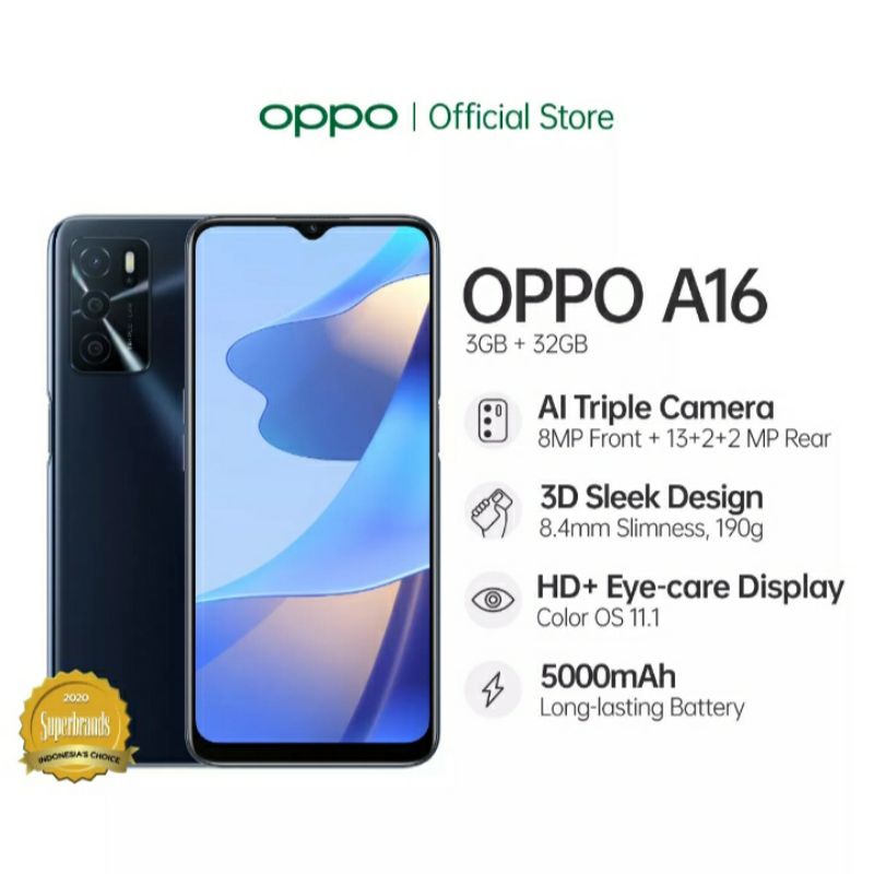Hp oppo a16  black silver ram 3 32 gb garansi resmi