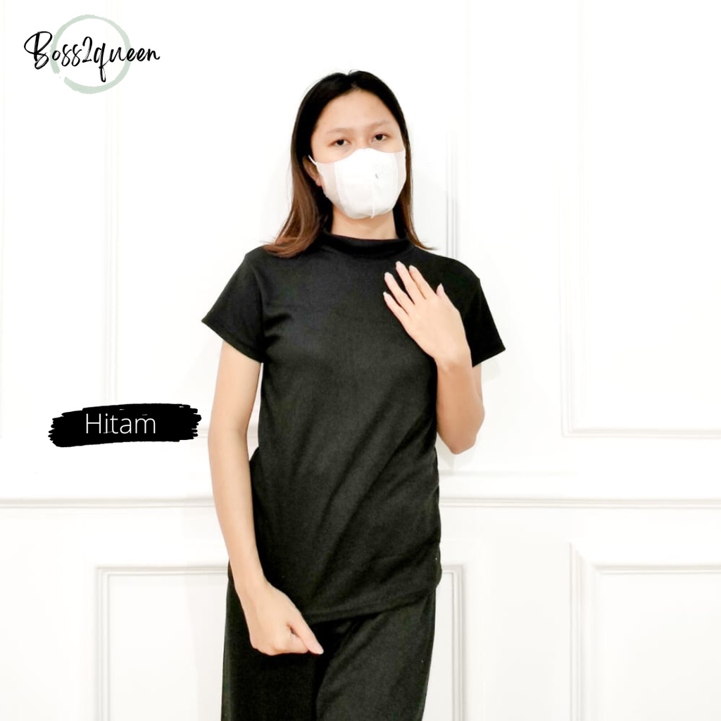 Atasan Basic Rajut Wanita Turtleneck - Kerah Tinggi Lengan Pendek - Knit Premium