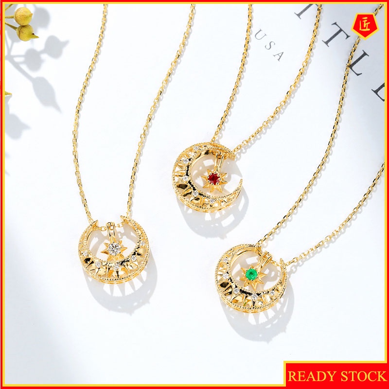 [Ready Stock]18K Golden Moon Necklace Inlaid Ruby Gold Pendant Women's Detachable Multi-Purpose