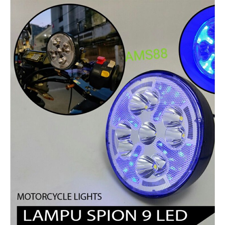 Lampu Tembak Sorot Led Breket Spion 9 Mata Bulat New Model SpionLamp Led Biru Merah Lampu motor