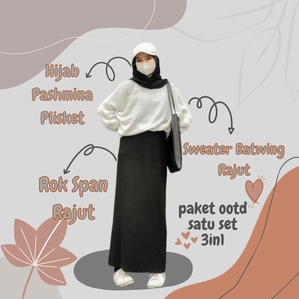 One Set Wanita / Pashmina + Batwing rajut + Rok Span / Setelan Wanita / Setelan Wanita Kekinian / Oo
