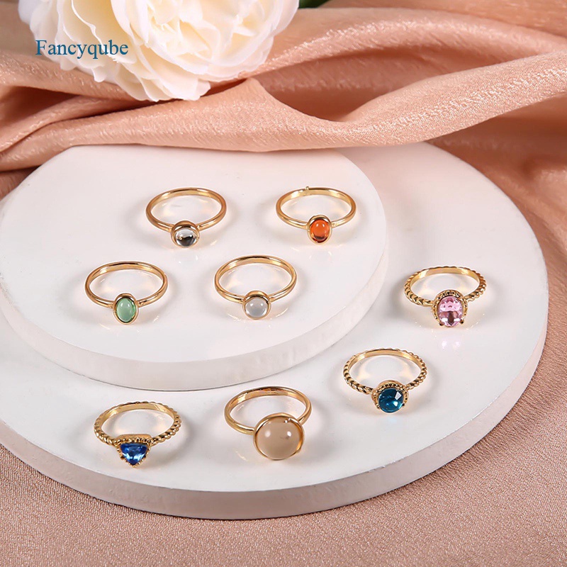 Fancyqube 8pcs / Set Perhiasan Cincin Rantai Batu Metalik Geometris Warna-Warni Gaya Vintage Korea Untuk Wanita