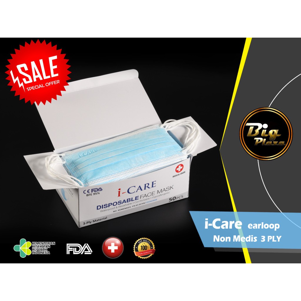 Masker i-Care Earloop 3ply isi 50 Pcs Icare - Big Plaza