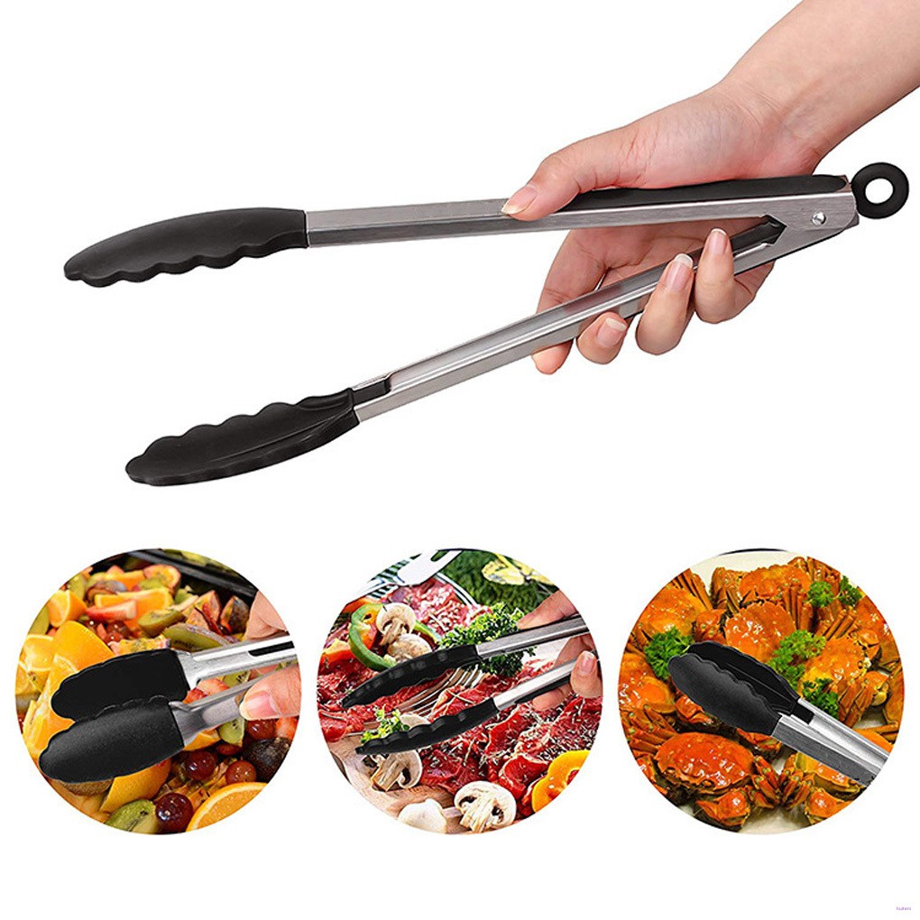 [READY STOCK] 9-Inch Long BBQ Grilling Tong Stainless Steel TPR Nylon Cooking Grilling Barbecue Non-Stick Salad Cake Serving Clip