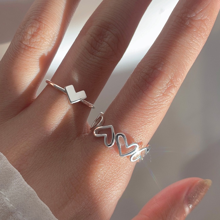 2pcs / Set Cincin Bentuk Hati Model Terbuka Dapat Disesuaikan Untuk Wanita