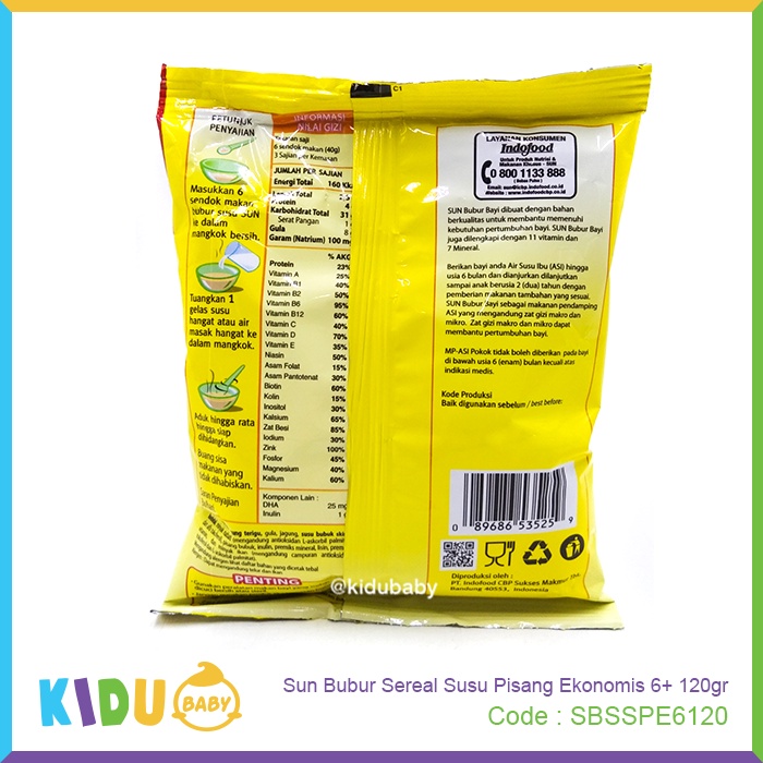 Sun Bubur Sereal Susu Pisang Ekonomis 6+ 120gr  Bubur Bayi Sehat MPASI Kidu Baby