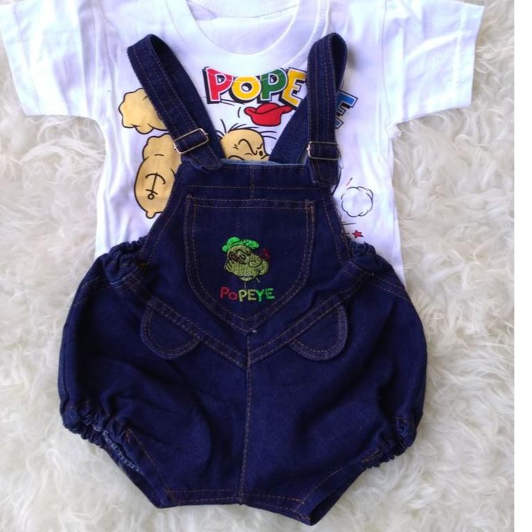 ZKK2 Setelan Celana Kodok  Bahan Jeans Bayi / Overall Bayi Jeans 3-7 Bulan Karakter Popeye Spesial o