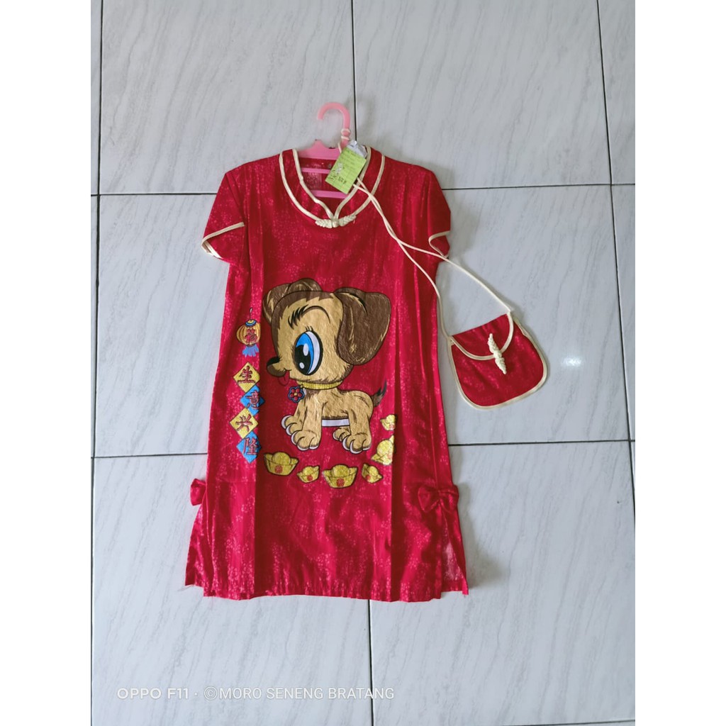 Baju dress anak perempuan imlek gambar anjing 3-7 tahun
