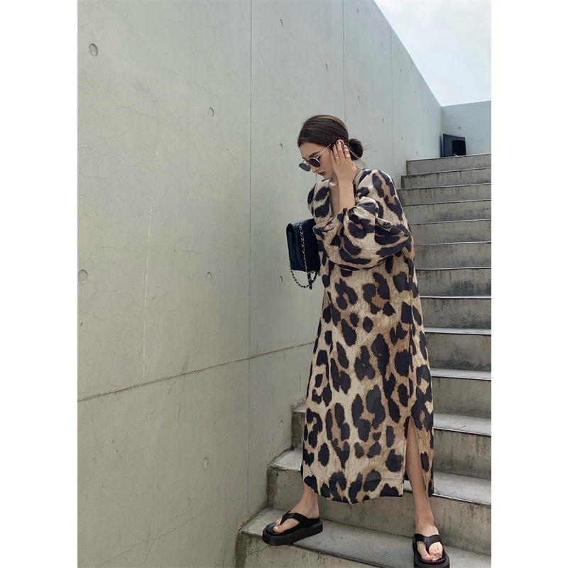 Suhao Lengan Puff Dress Wanita sablon Leopard Dress Midi Rok V-Neck Longgar