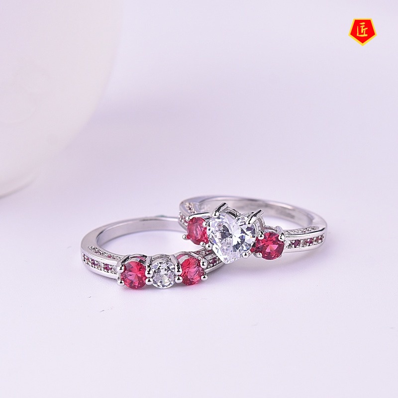 [Ready Stock]Heart-Shaped Ruby-Corundum Gem Diamond Ring Fashion Personality