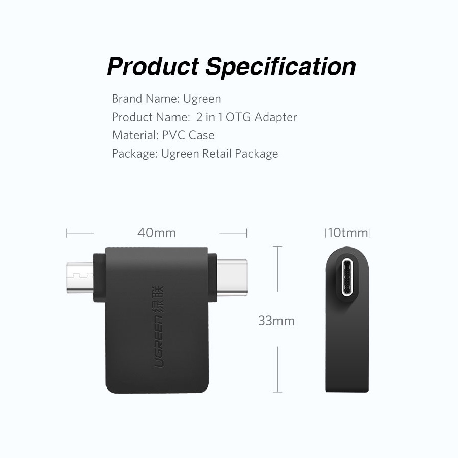 UGREEN OTG Plug Micro USB + USB Type C for Smartphone - 30453 - Black