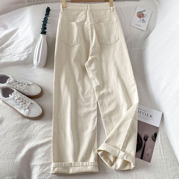 new krem boyfriend jeans korea celana jeans wanita pinggang tinggi