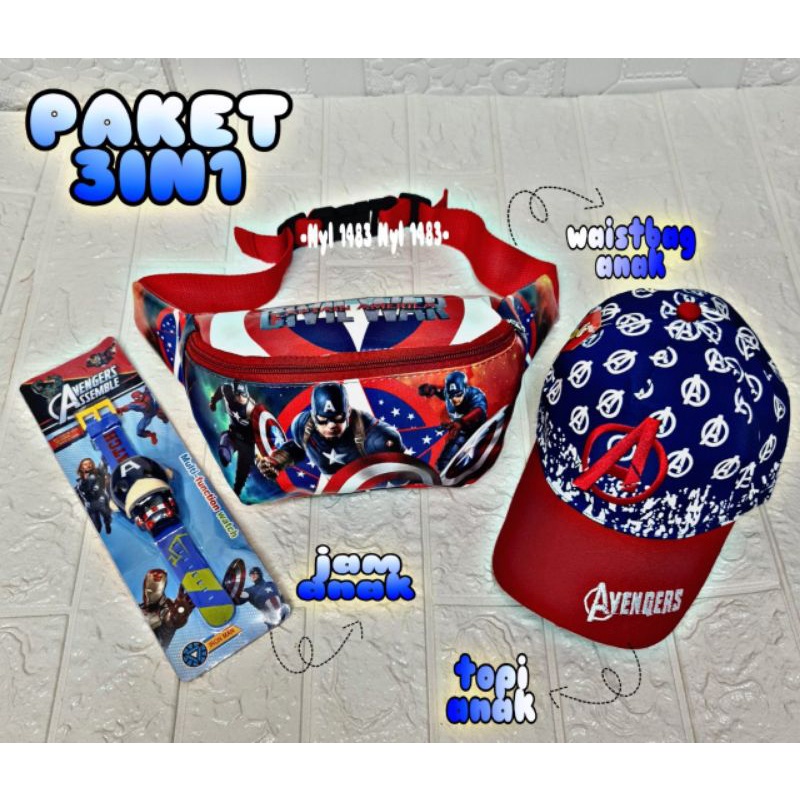 New paket murah 3in1 tas pinggang anak tas waistbag / topi anak / jam tangan anak