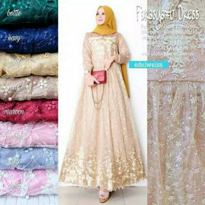FARASYA (ADA JUMBO) GAMIS BROKAT FARASYA JUMBO  LD 120 DAN STANDAR LD 102 CM GAMIS TILE BORDIR MUTIARA GAMIS PESTA-5