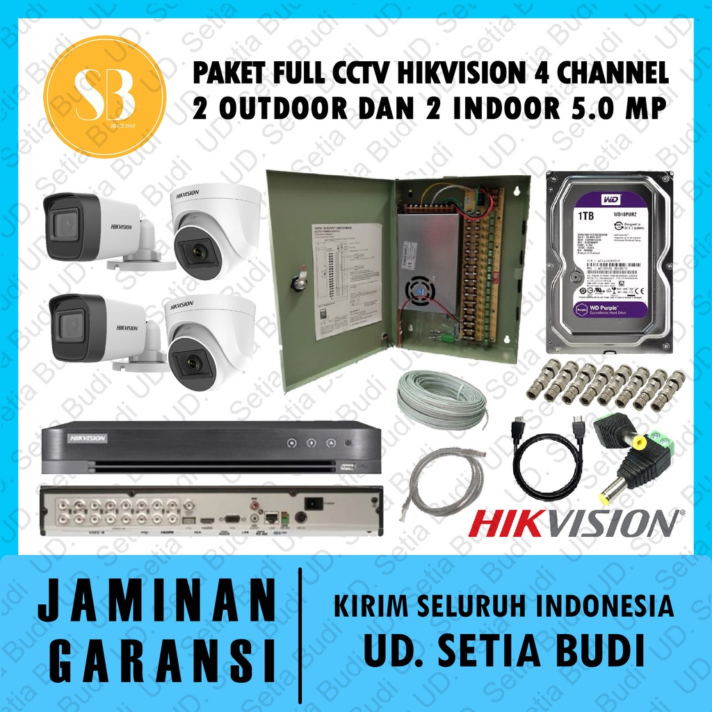 Paket FULL CCTV Hikvision 4 Channel 2 Outdoor dan 2 Indoor 5.0 MP