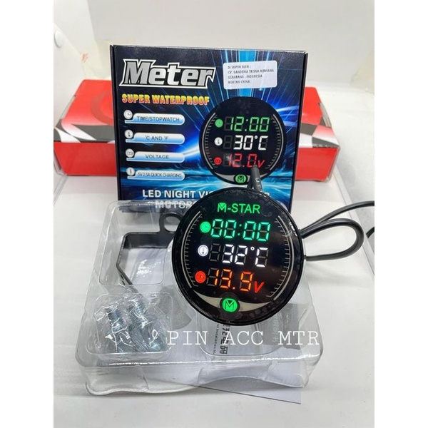 Voldmeter Digital New 3in 1 Night Vision LED motorCycle Voldmeter+Jam+Suhu Digital PNP universal mtr