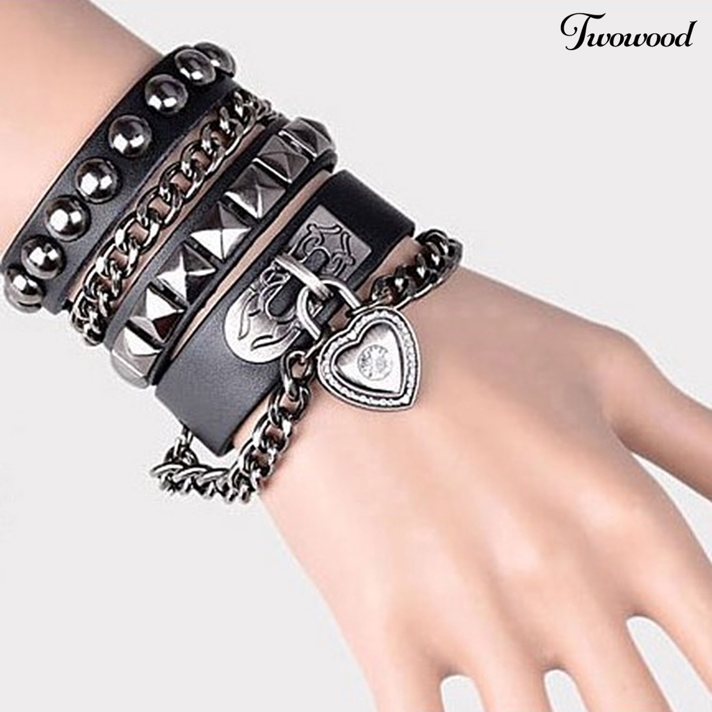 2pcs / Set Gelang Adjustable Bahan Kulit Imitasi Dengan Liontin Hati Gaya Punk Rock