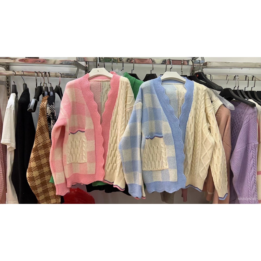 #Sisjuly# Wanita Sweater Mantel Kardigan Wanita Baru Longgar Warna Kontras Atasan Lengan Panjang