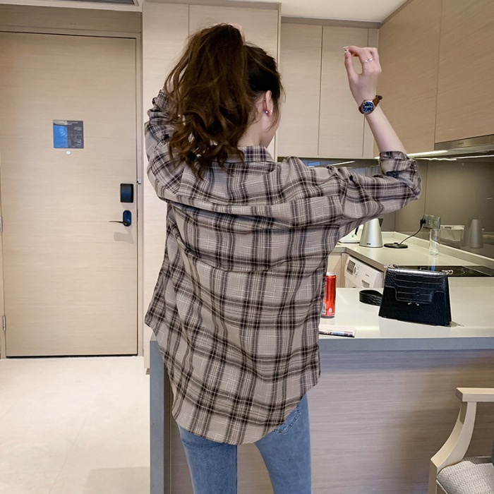 #Sisjuly# Wanita Kemeja Kotak-kotak Lengan Panjang Retro Korea Longgar Serbaguna Musim Gugur Atasan