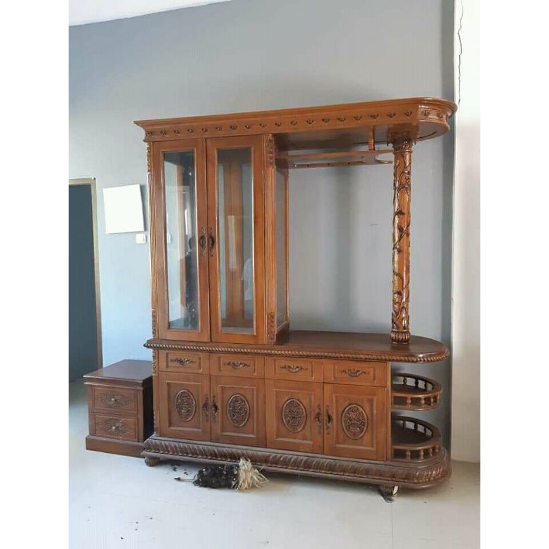 Lemari Hias Ruang Tamu Bufet Bar Minimalis Kaca Kayu Jati