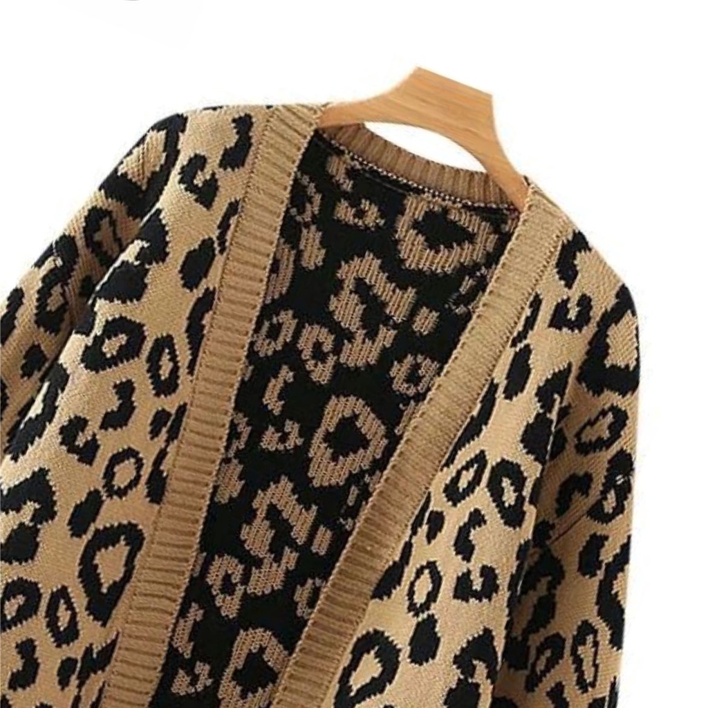 Cardigan Rajut Korea Vintage Leopard