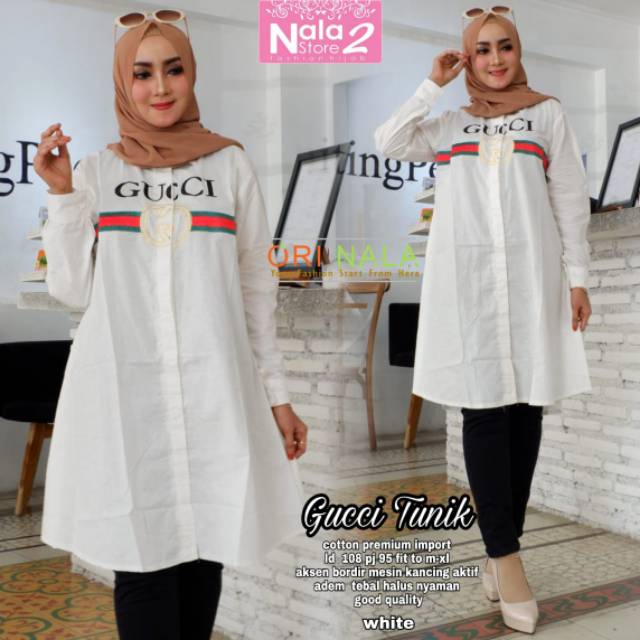 Gucci tunik cotton premium import Id 105 pj 95 aksen bordir mesin kancing aktiv adem tebal halus
