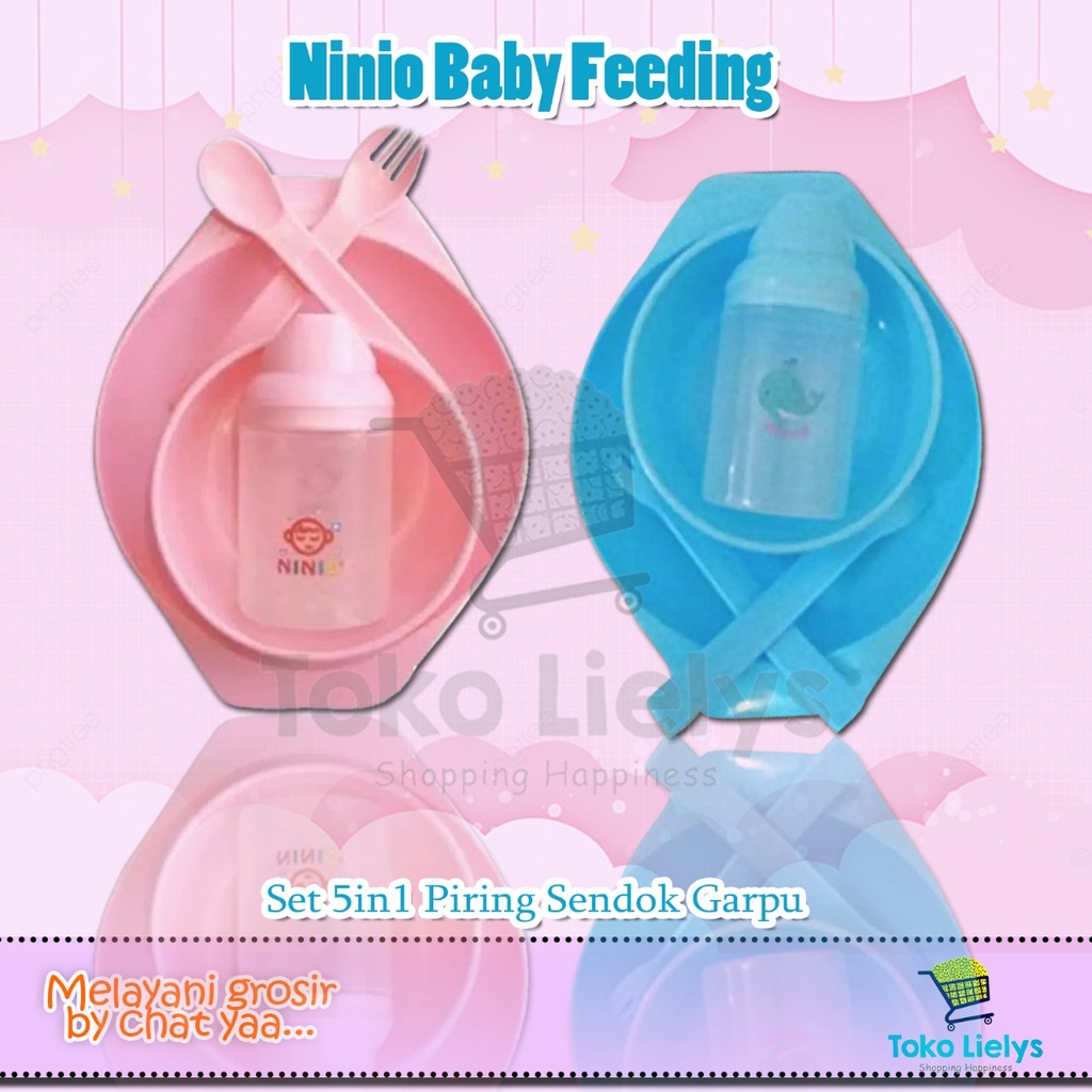 Ninio Baby Feeding Set 5in1 Piring Sendok Garpu Mangkok Juice Cup- F323