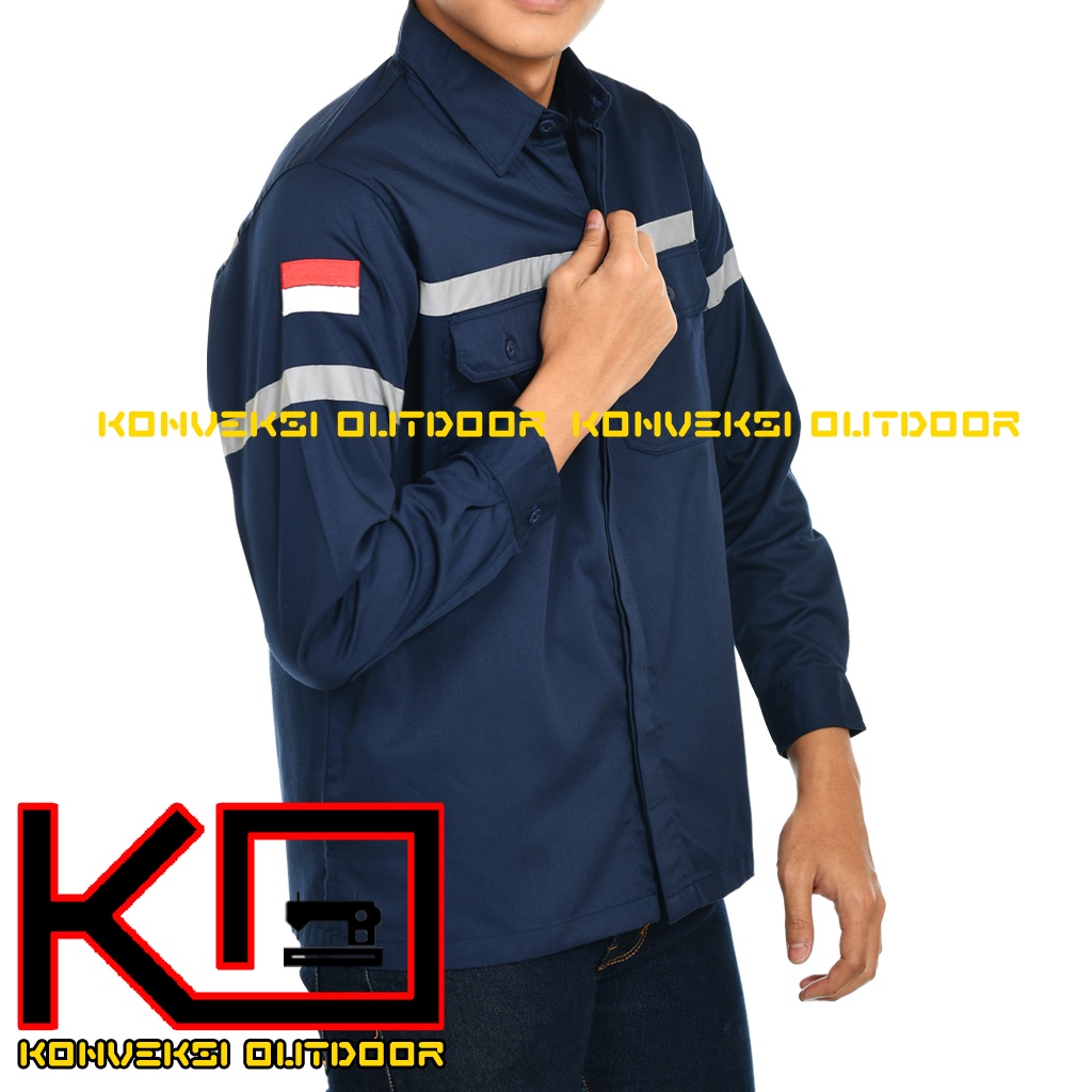 Kemeja Safety Pria Lengan Panjang - Baju Kemeja Kerja Proyek Wearpack Safety K3 Lapangan Outdoor Scotlite Indonesia Tebal Tambang Listrik Mekanik Teknisi Mesin Bangunan Werpack Driver Operator PLN Intalasi Listrik Enginer Teknik Sipil Kilang Warna Navy