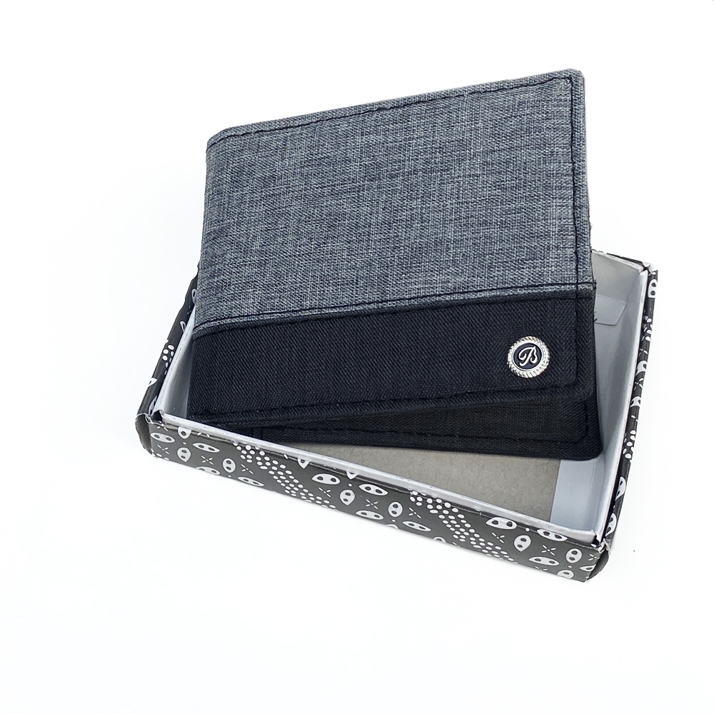 Free  Shipping!! Dompet Kanvas  Pendek Lipat Dua Dompet Pria dan Remaja Model Exclusive GB-362 Dompet 3/4 Lipat Dua Kombinasi Warna GREY BLACK + BONUS BOX