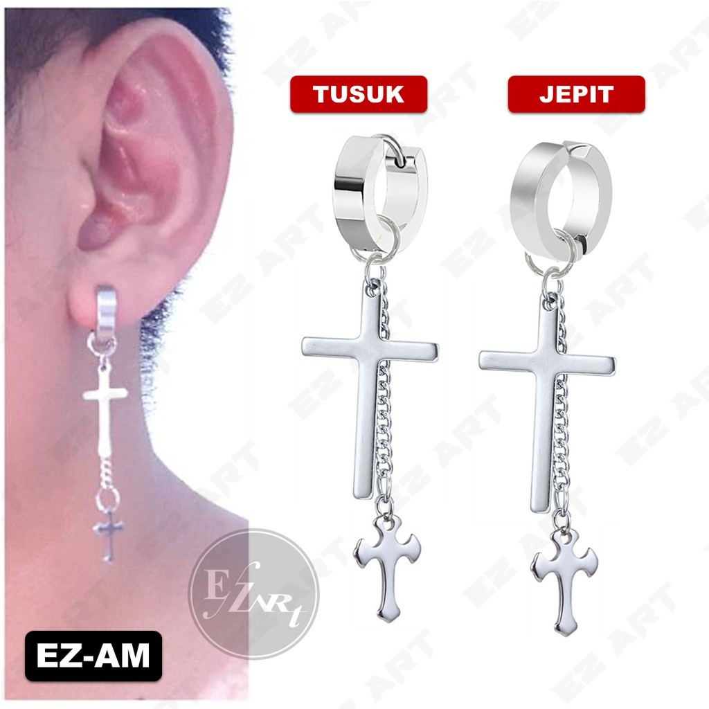 1Pc Model EZ-AM Silver Anting Salib Ganda Pria dan Wanita Jepit Tusuk Variasi Bandul