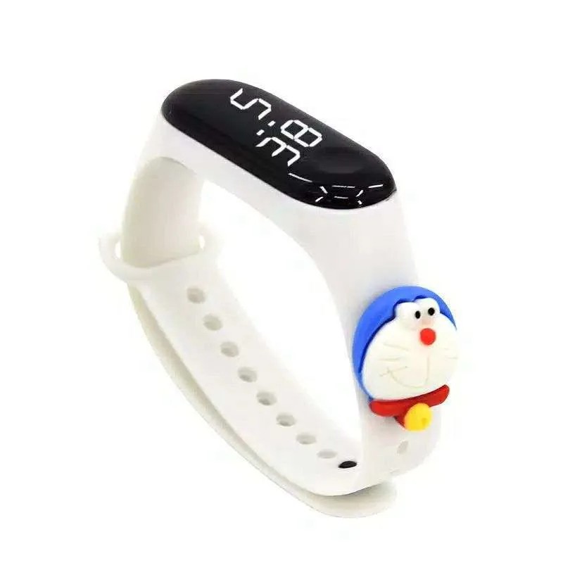 Jam Tangan Elektronik Tahan Air IP67 Motif Kartun Anak Laki-laki Perempuan LED Minimalis Gelang-Putih Doraemon