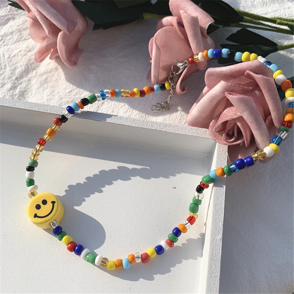 Boho Short Necklace Smile Handmade Fashion Colorful Rice Beads Pop Necklace