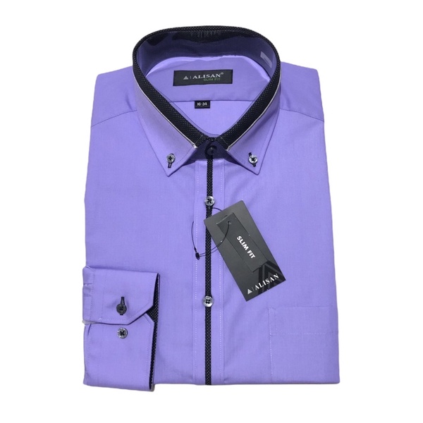 KEMEJA PRIA ALISAN UNGU 2 KOMBINASI LIST HITAM SLIMFIT LENGAN PANJANG (kode: ungu2 lis)