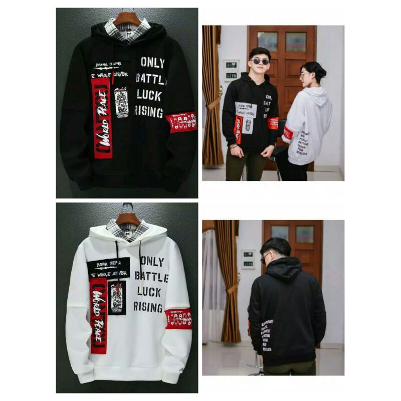 Hoodie Couple Fleece Sweater Couple ONLY BATTLE Luck Rising Hitam vs Putih