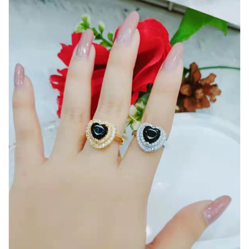 Cincin Love Pemata Hitam/Putih Lapis Emas Perhiasan