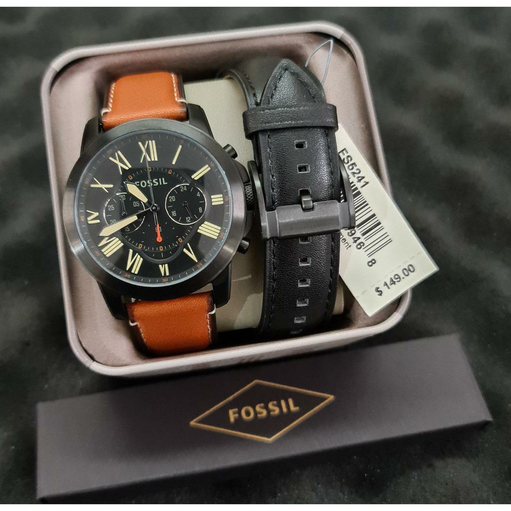 Fossil Grant Chronograph Luggage Original FS 5241 FS5241 Set Strap Leather Fossil Jam Tangan Pria