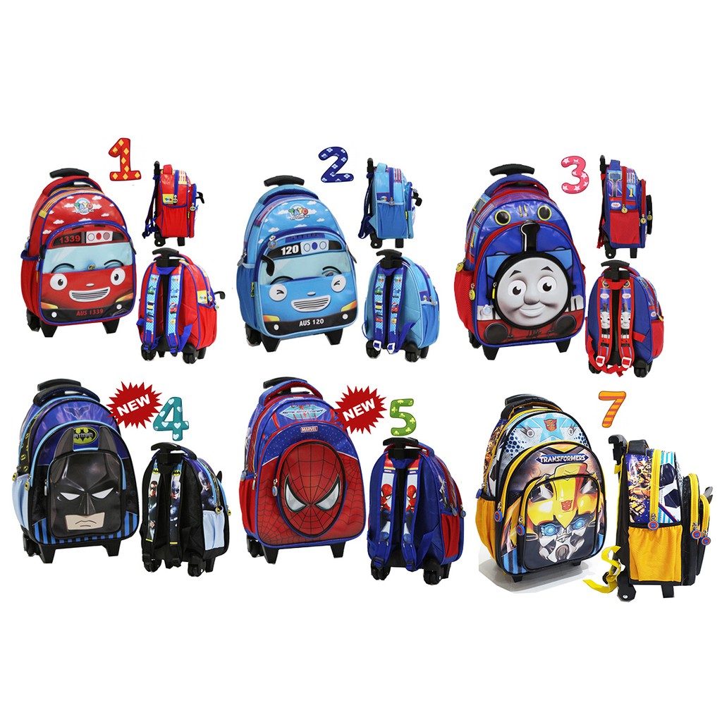 PROMO Tas Trolley Anak Laki Laki Sekolah TK / PG / PAUD KANTUNG Coin Sponge Anti Air Lengkap ( ROBOT - MOBIL BUS - DINO - KERETA )