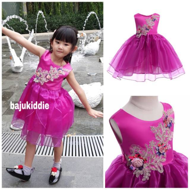 GA2701 MARGO DRESS FUSCHIA / GAUN DRESS PESTA ANAK ULANG TAHUN ANAK PINK NATAL IMPORT MURAH BUNGA