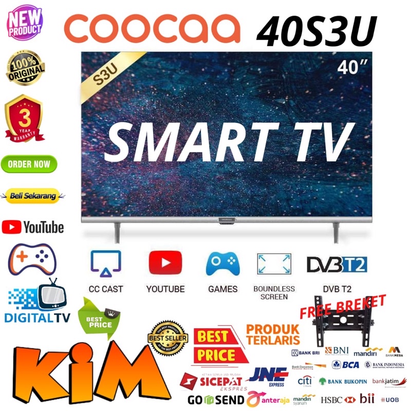 FREE BREKET!!! LED COOCAA 40S3U SMART TV DIGITAL Bezel Less Dolby Digital - NEW!!!