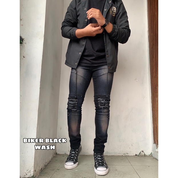 Celana Jeans Sobek Biker Pria Snow Black Jazz Ripped Strech Original Sobek Rucas Dengkul Korean Style Terbaru