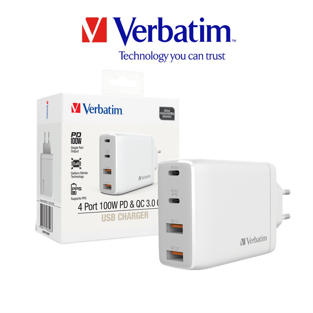 USB Charger Verbatim 4-port 100W with PD 3.0 &amp; QC 3.0 GaN