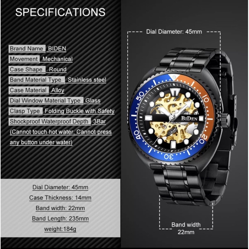 BIDEN Jam Tangan Pria Automatic Homage Turtle Ocean Black Luxury