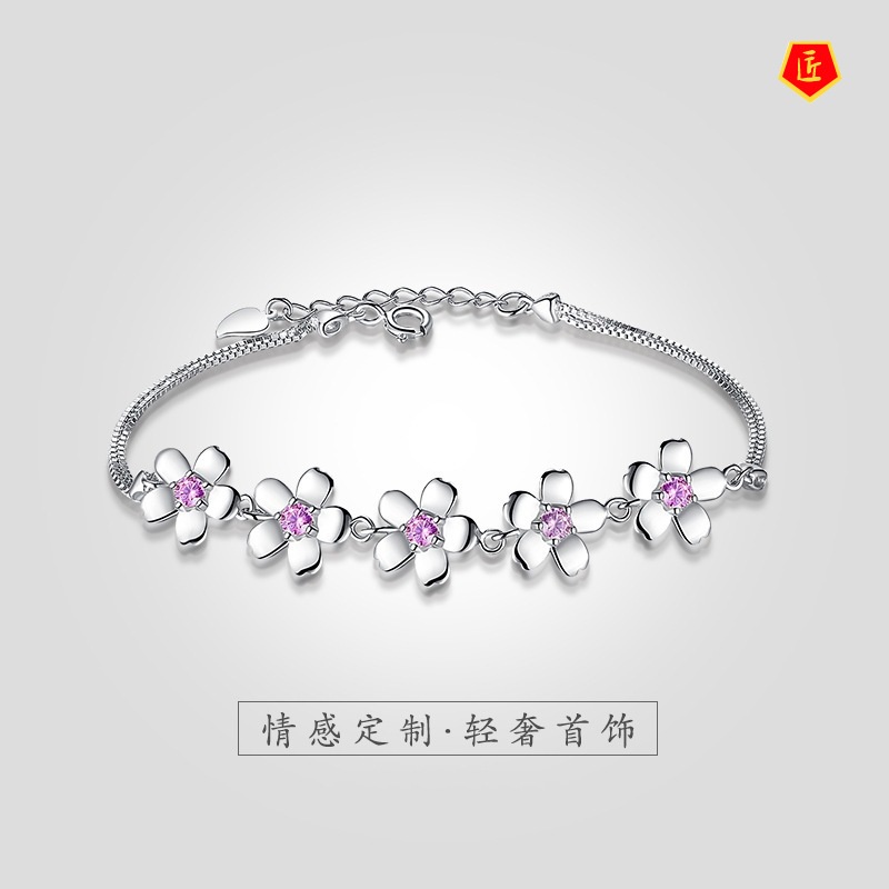 [Ready Stock]925 Silver Inlaid Pink Diamond Cherry Blossom Bracelet